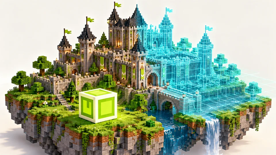 Litematica castle schematic and completed blocks with a MaLiLib Mod library cube